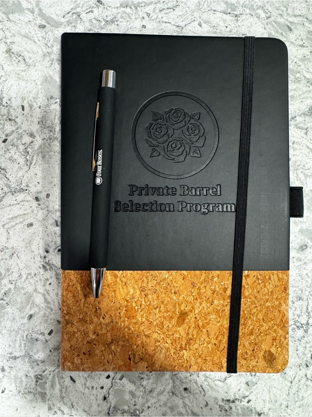 Four Roses Brand New Black and Cork Hardcover Notebook with Elastic